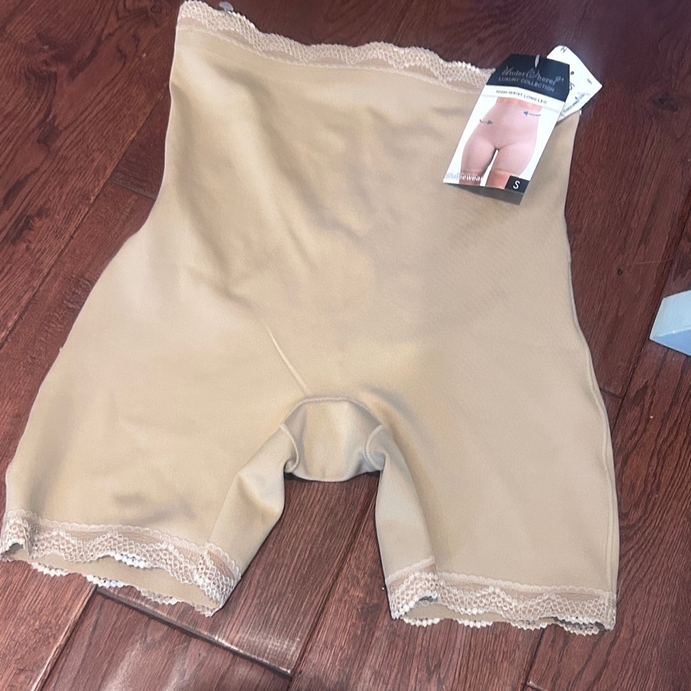 Under Wear?  Beige High-Waist Shaping Shorts with Lace Trim